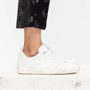 Zadig & Voltaire Leather Distressed Star Applique Lace Up Sneakers White 38 / 7